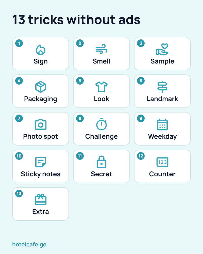 13 tricks without ads: sign, smell, sample, packaging, look, landmark, photo spot, challenge, weekday, sticky notes, secret, counter, extra