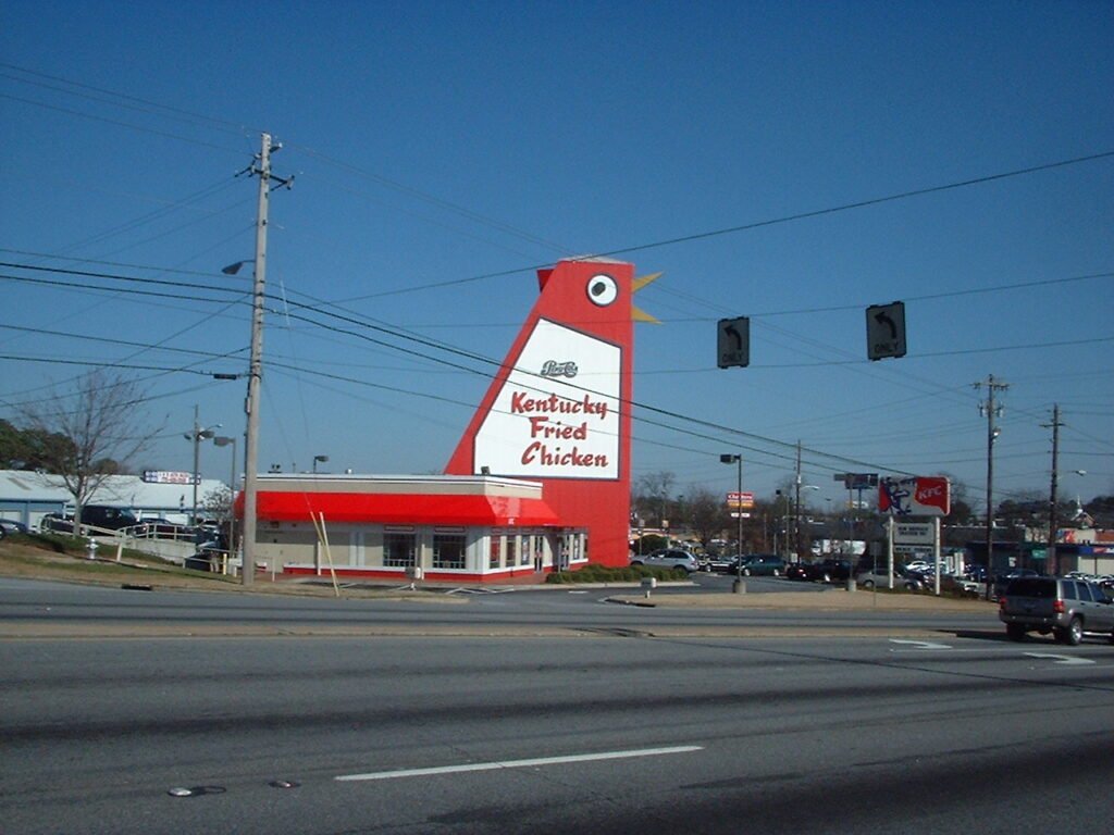 The 17-metre Big Chicken above the restaurant in Marietta
