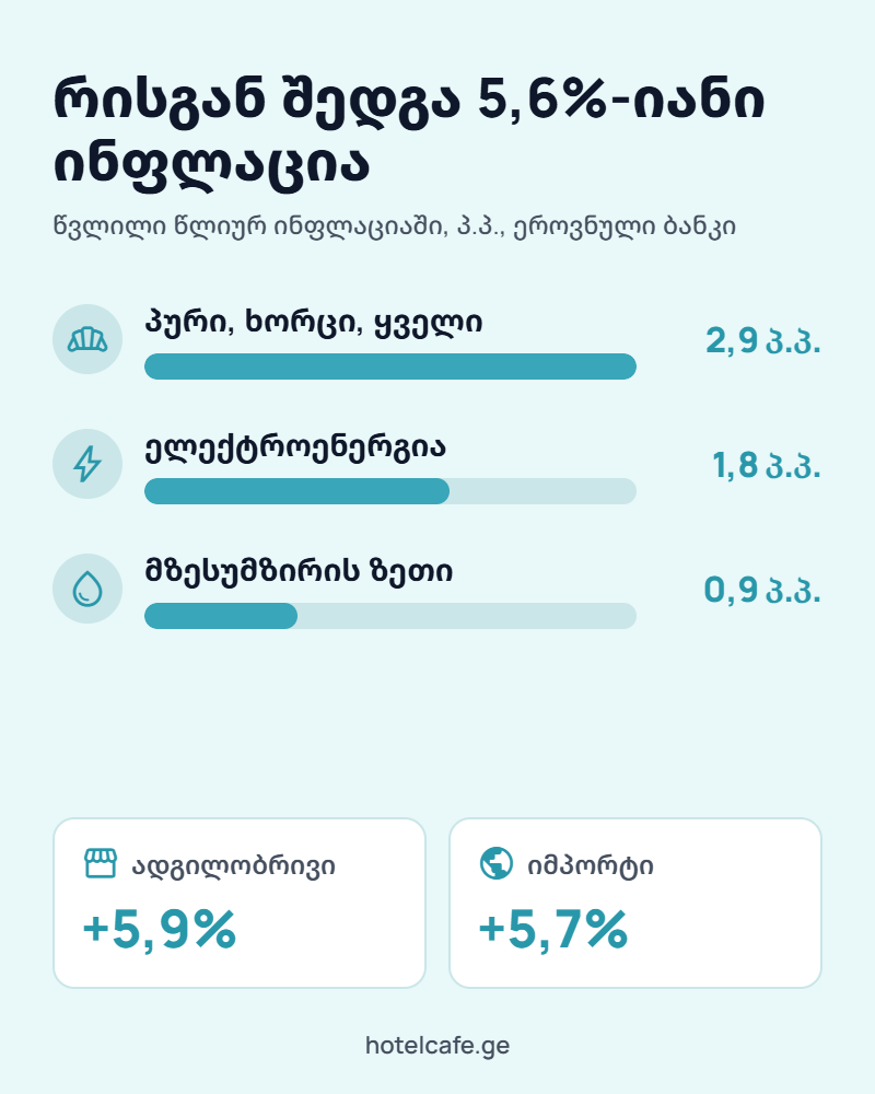 რისგან შედგება ინფლაცია საქართველოში: პური, ხორცი და ყველი, ელექტროენერგია, მზესუმზირის ზეთი