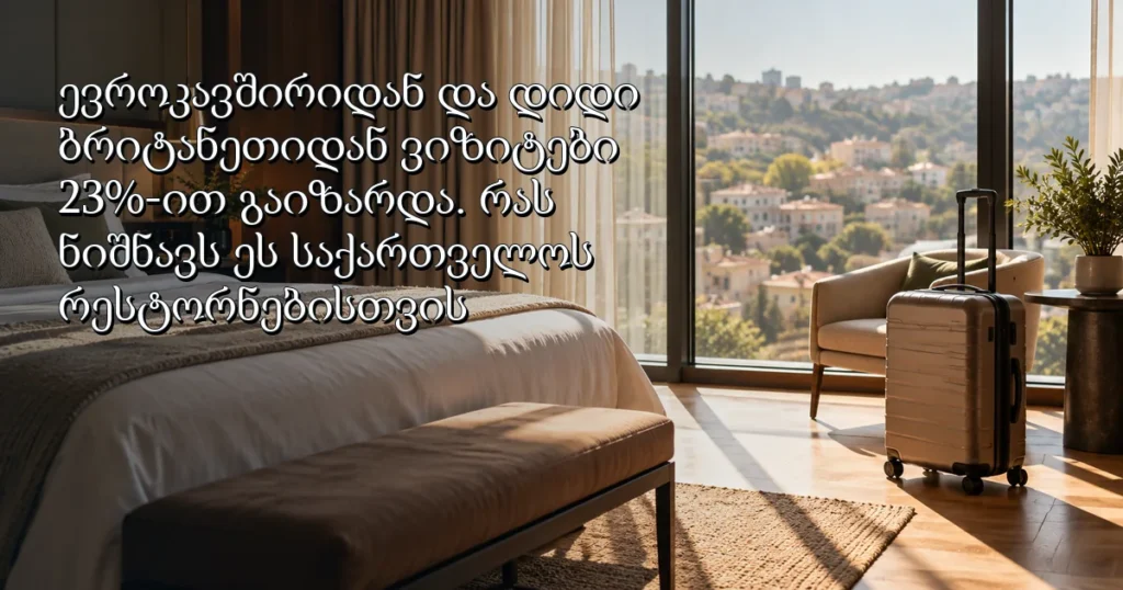 ჩემოდანი სასტუმროს ნათელ ნომერში, ფანჯარასთან; გარეთ ქალაქის ბუნდოვანი ხედია.