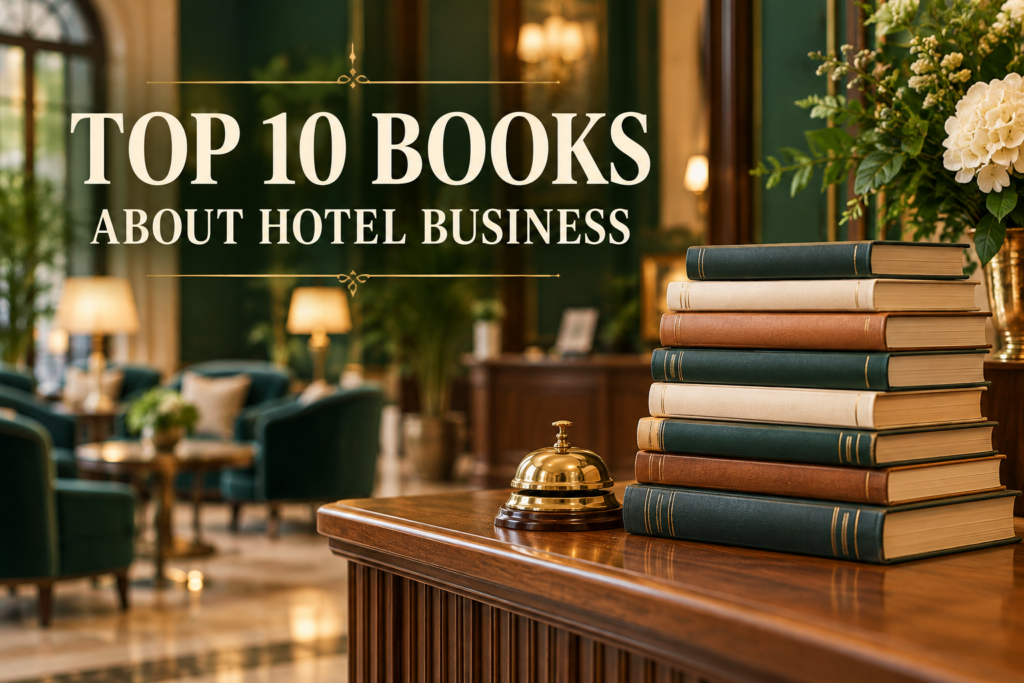 Top 10 books about hotel business — books and a service bell at hotel reception