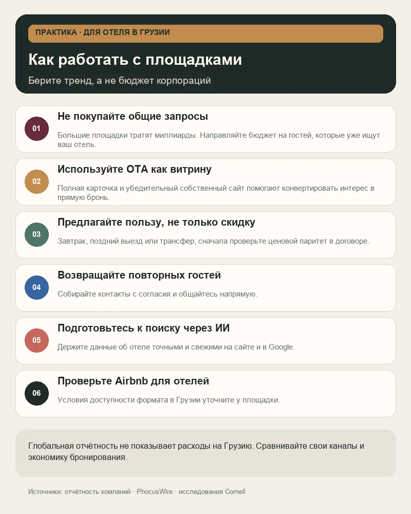 Шесть практических шагов для отеля в Грузии: работа с OTA, прямыми бронированиями и повторными гостями