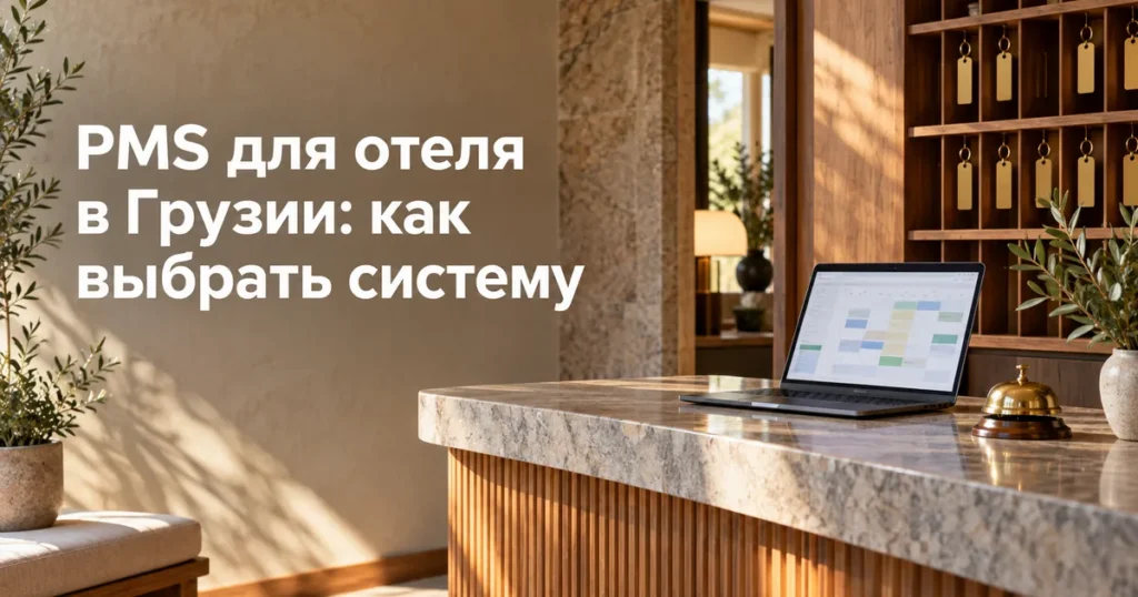 Обложка статьи о PMS для отеля: система управления бронированиями на стойке ресепшн