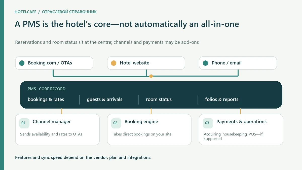 Diagram: PMS core records reservations, guest stays and room status. Channel management, direct website booking, card acquiring and operational tools are optional integrations.